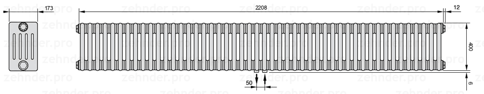 Схема (чертеж) Радиатор Zehnder Charleston 5040/48 №5410 Белый глянцевый RAL 9016